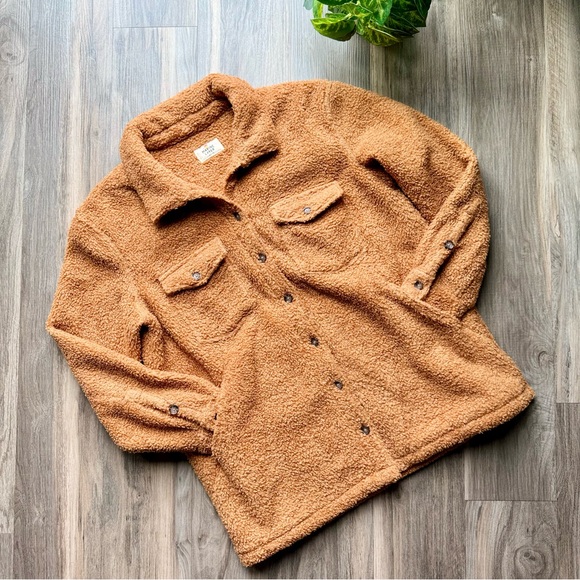 Marine Layer Eden Sherpa Overshirt Jacket Teddy Fleece Button-Up Cashew Brown M - Picture 3 of 16